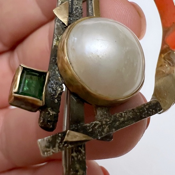 Vintage Carolyn Thomas 14K Gold Sterling Brass Mabe Pearl Emerald Brooch Pin - Picture 10 of 15